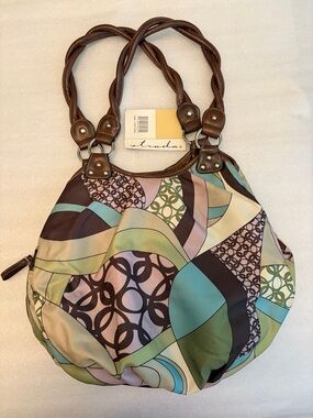 Strada Geometric Print Shoulder Bag Brown Leather Trim Boho Chic Large Tote